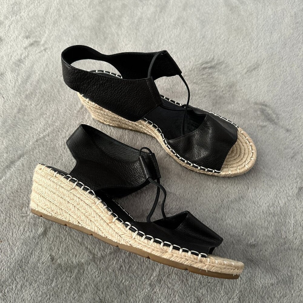 Eileen Fisher Black Leather Espadrille Sandals Wedge Shoes Women's 8